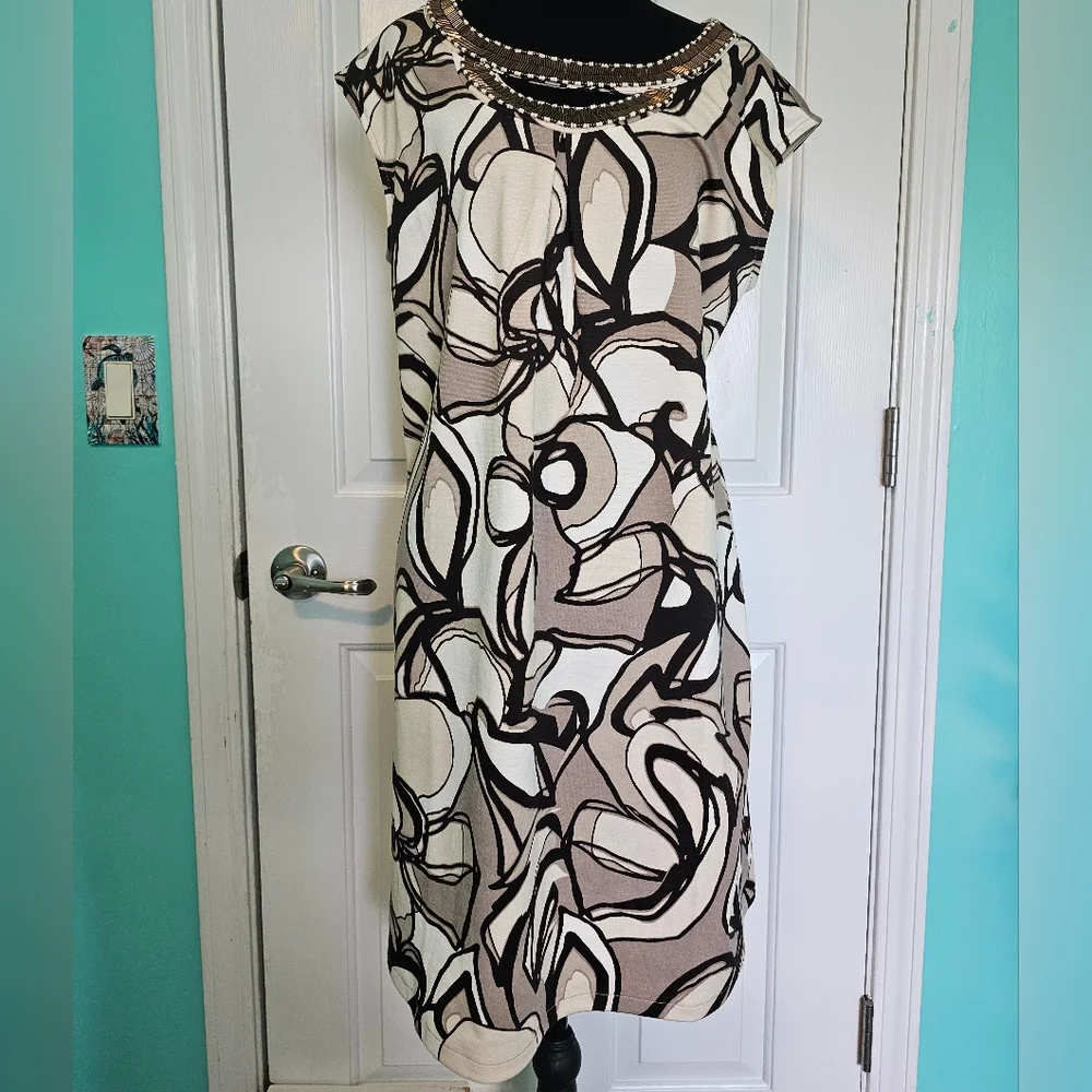 Dana Buchman Black and Cream Abstract Midi Dress Women's Size 12